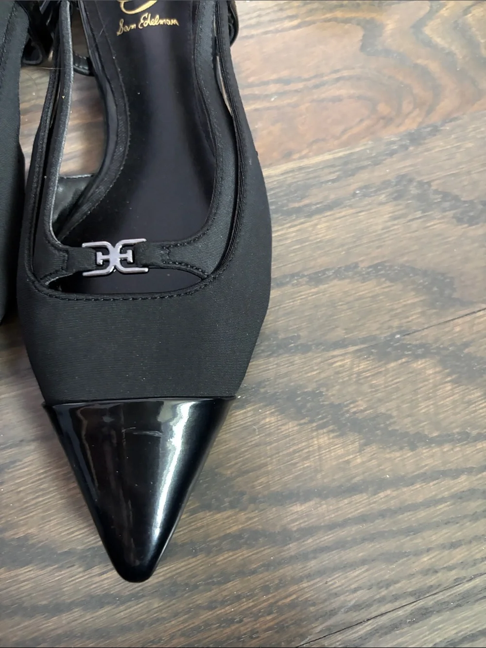 Sam Edelman Black Pointed Slingback Flats with Patent Toe
